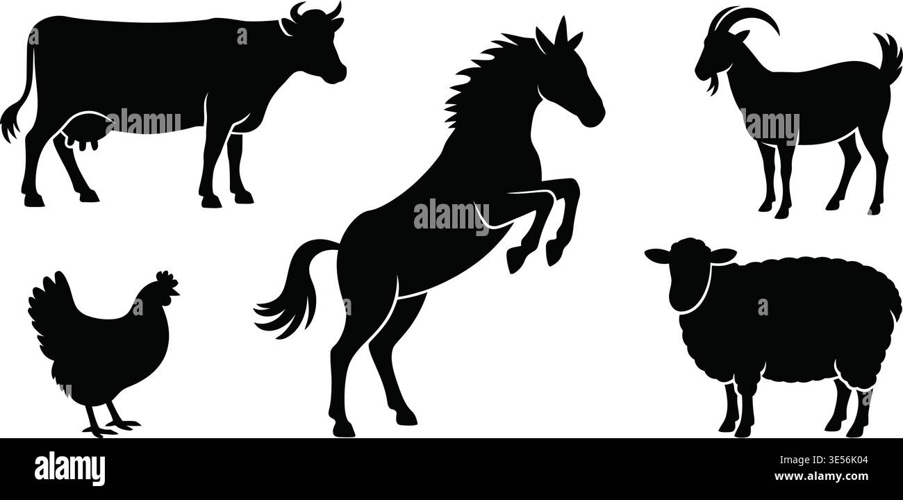 Black Silhouette Illustrations of Farm Animals Standing and Rearing ...