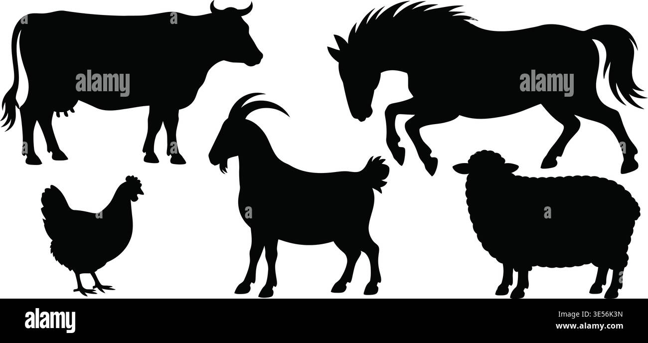 Black and white silhouette farm animals illustration featuring cow ...