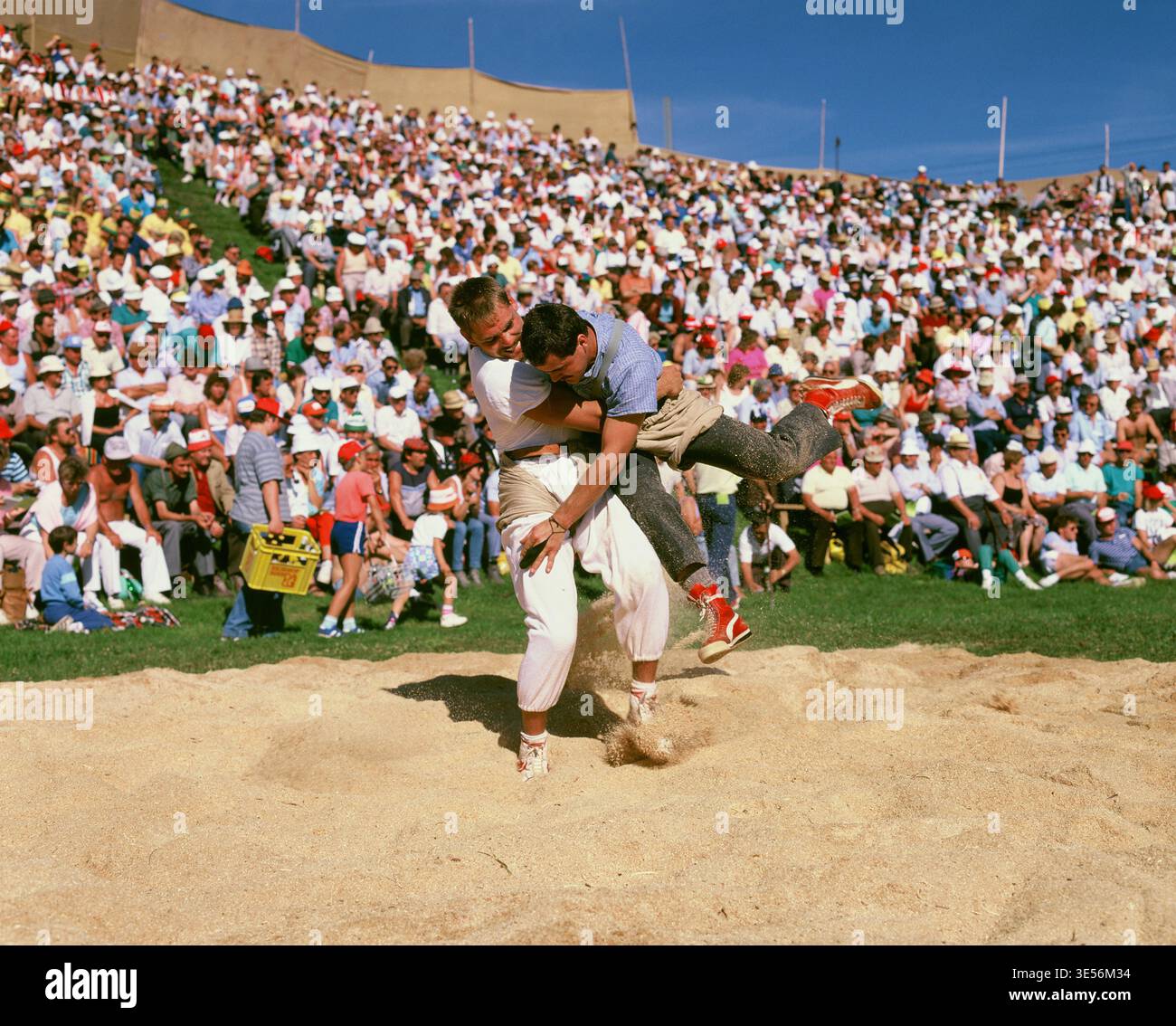 Switzerland. Schwyz. Rigi Wrestling & Alpine Festival. Men wrestling. Stock Photo