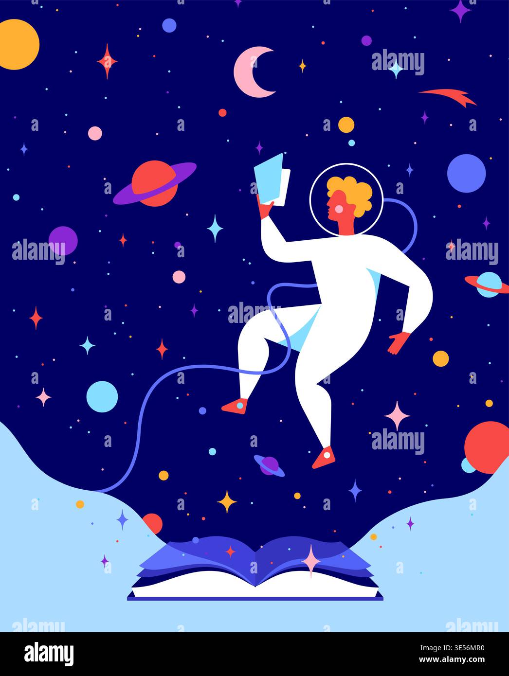 Magic space book astronaut reading concept Stock Vector