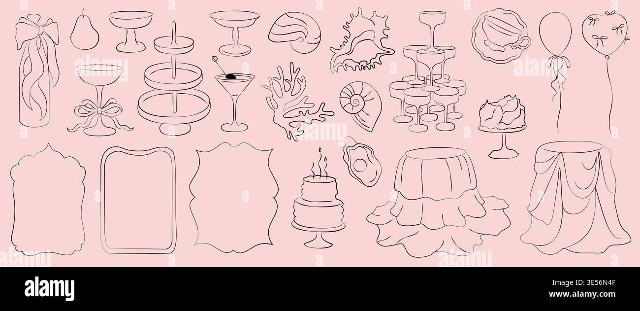 Hand-drawn wedding decor elements ready concept for cards, menu, invitations in rococo classic style, shells and drinks, frames Stock Vector