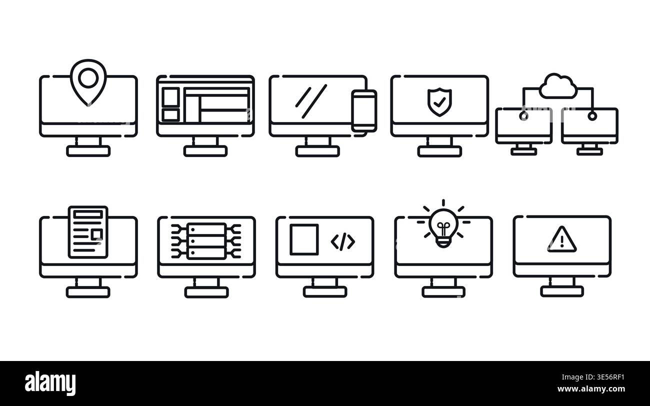Black line desktop computer icon set with technology symbols. Stock Vector