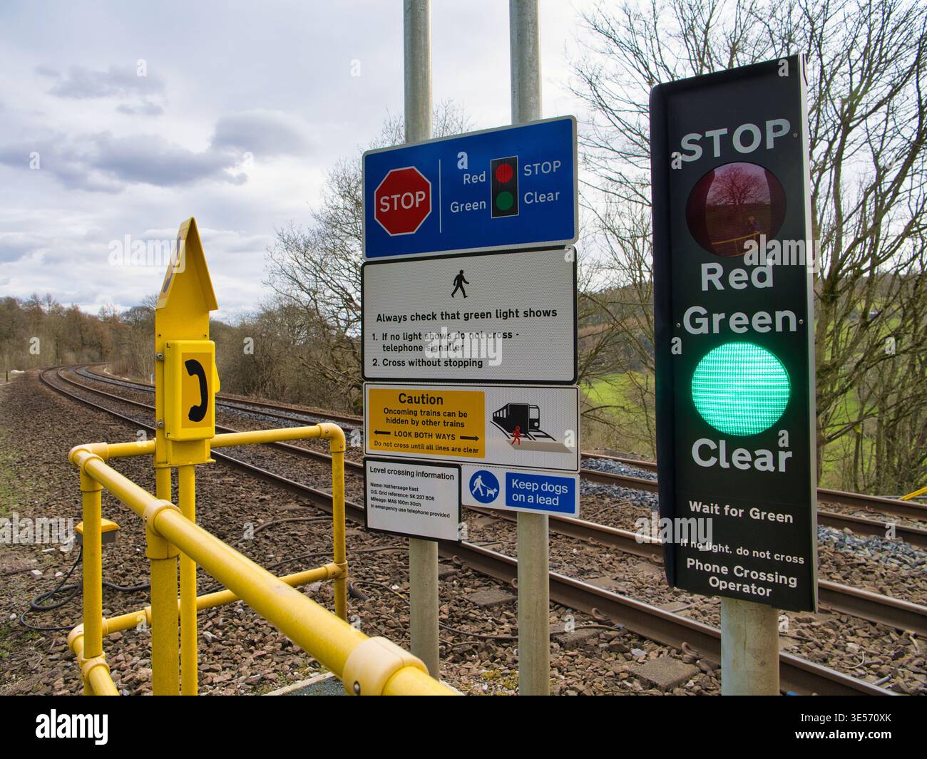 Side Rails Up Signs Derbyshire, UK - Mar 26 2026: Pedestrian rail crossing with green clear ...