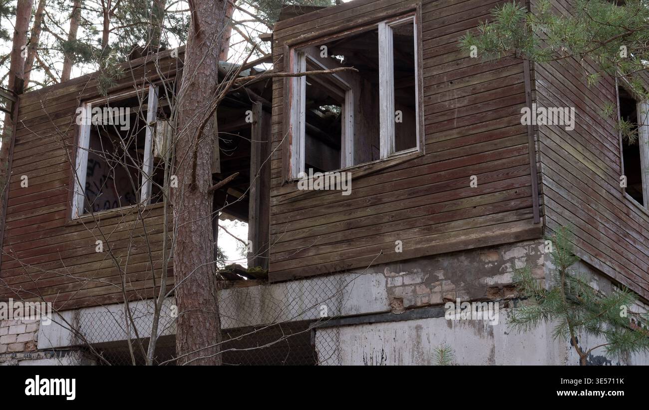 Abandoned Wooden Building in Forest — Derelict House with Broken ...