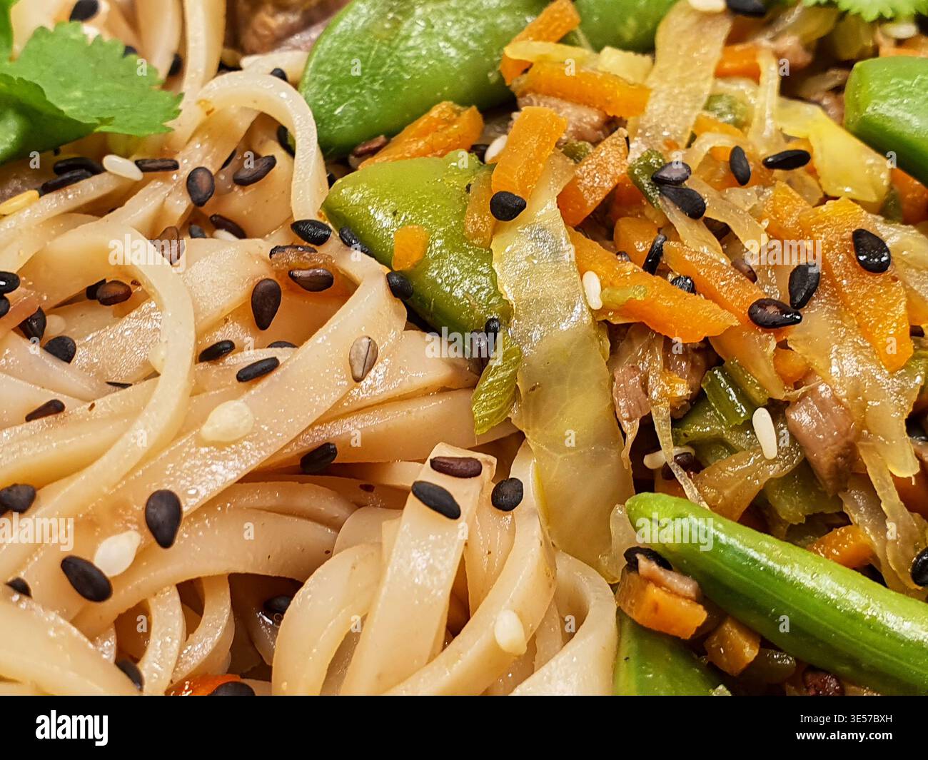 Close-up macro photograph of an Asian stir-fry noodle dish. Wide flat rice noodles are coated in glossy sauce and topped with black and white sesame Stock Photo