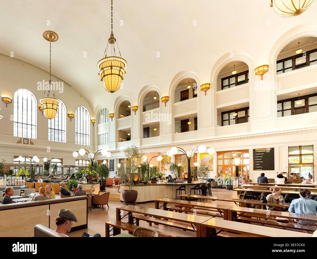 Denver, Colorado, USA - 2 June 2025: Wide angle view of the interior of the renovated hall of the historic Denver Union Station - Smartphone Captured Stock Image