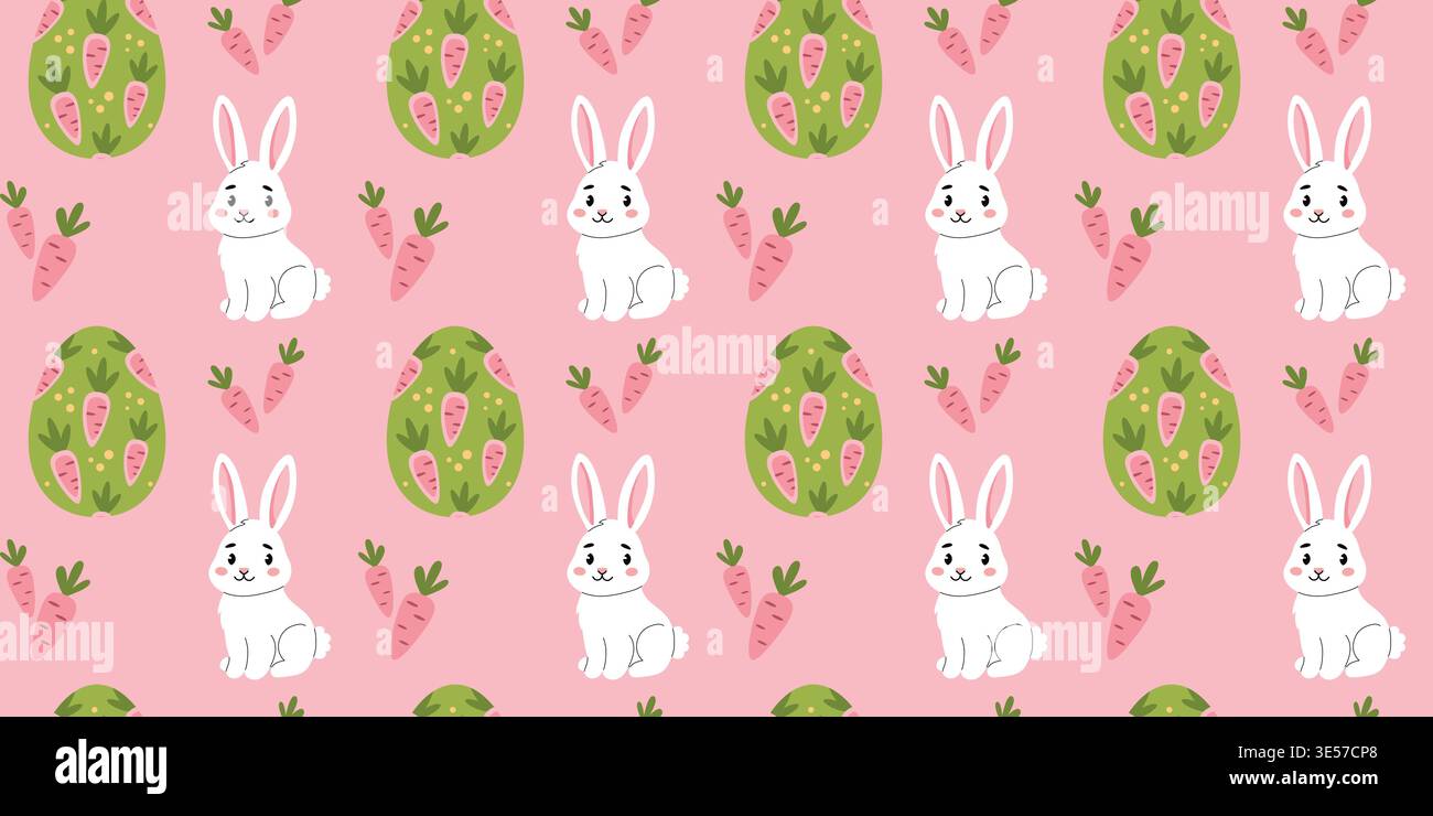 Easter seamless pattern with white rabbits and decorated eggs on pink background vector Stock Vector