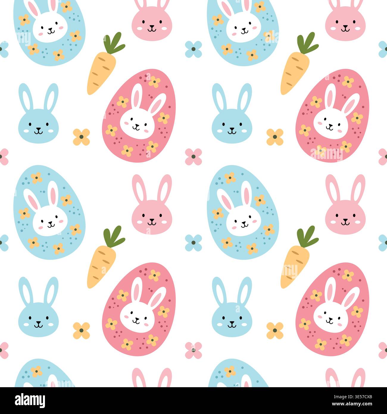 Cute Easter seamless pattern with bunnies eggs and carrots on white background vector Stock Vector