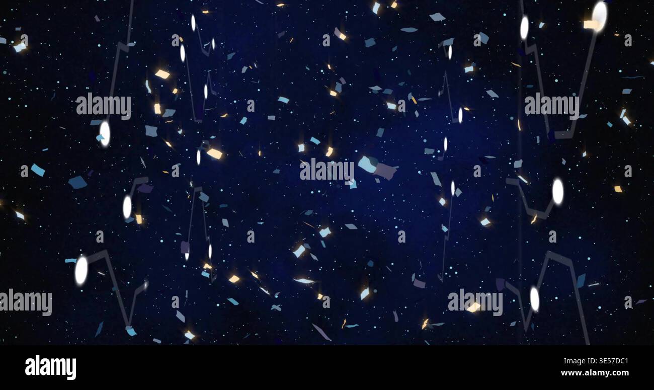 Drifting confetti and glowing ovals adding depth in deep navy gradient with streaks and nodes Stock Photo