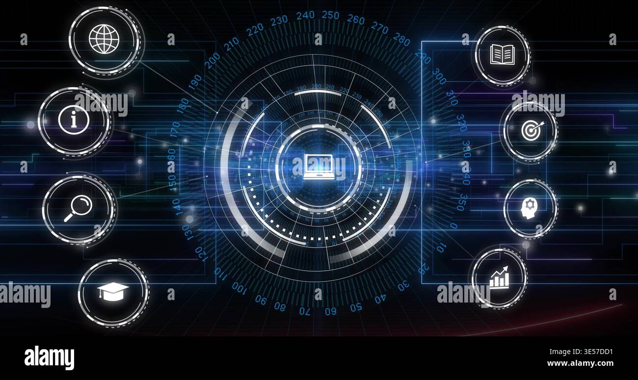 Rotating central concentric HUD displaying data flow on virtual dashboard, featuring laptop icon Stock Photo