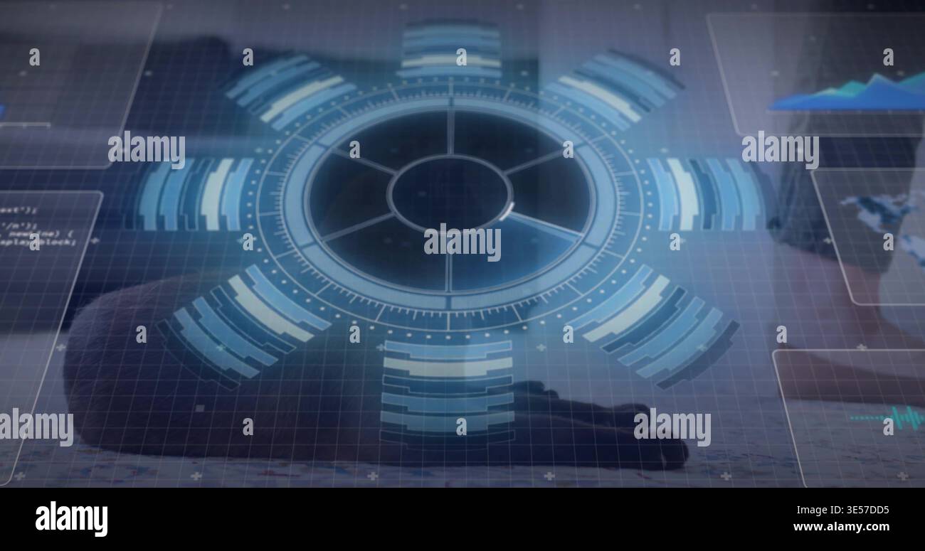 Reflective Software Tech Glowing circular holographic interface spanning reflective desk at tech ...