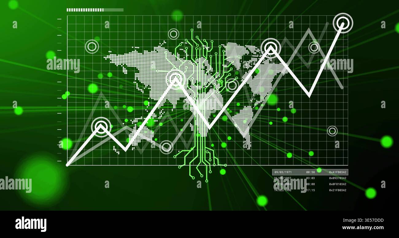 Displaying white zigzag line chart showing node markers over dotted map and grid, blending circuits Stock Photo