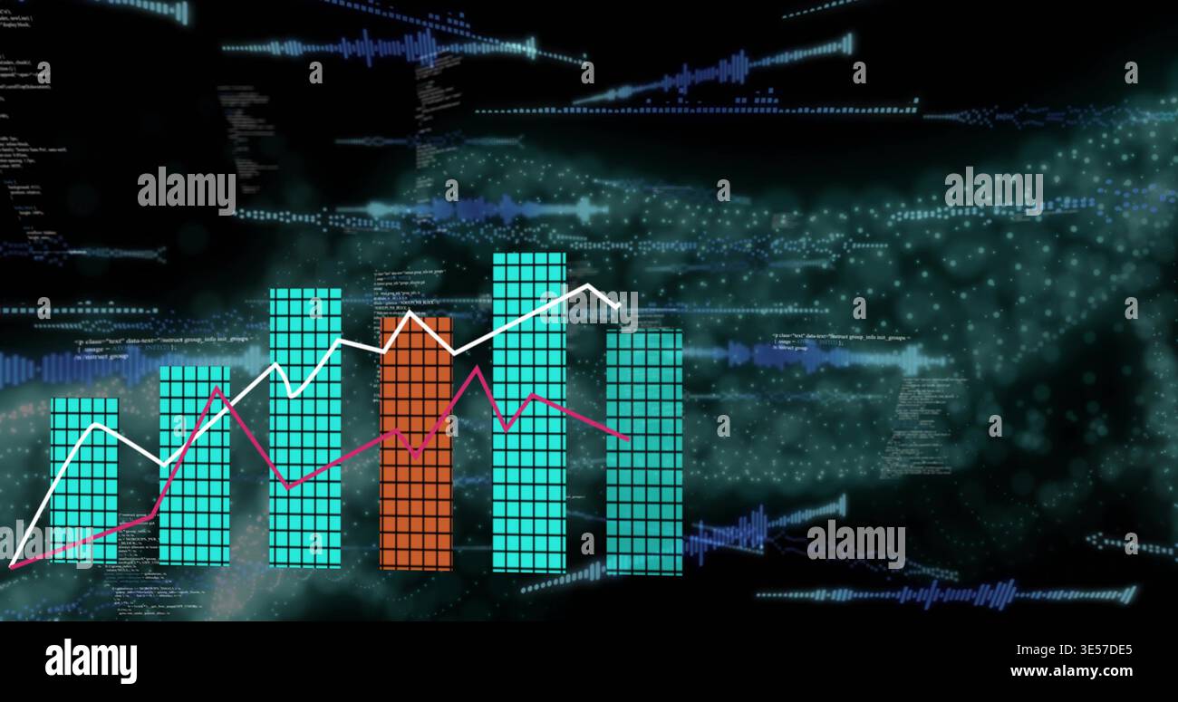 Displaying tiled bar cluster showing two overlaid lines in data dashboard, orange bar, code Stock Photo