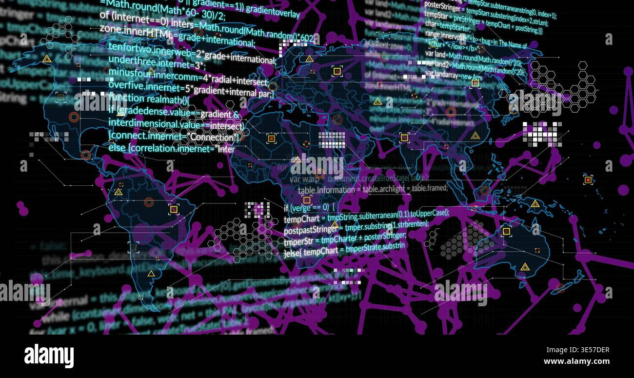 Showing translucent world network map in dashboard with floating code, node markers Stock Photo