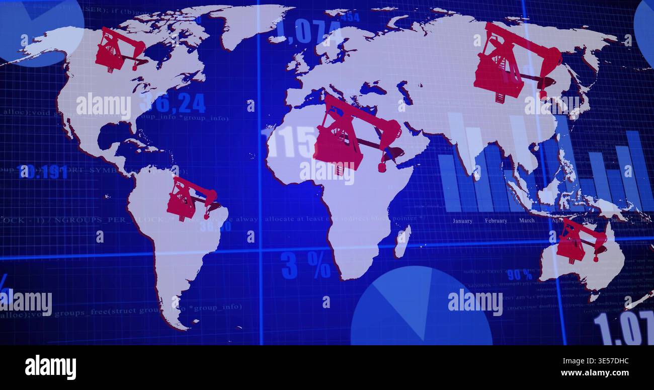 Realtime data feed updating global map, showing red oil pumpjacks, visualizing energy indicators Stock Photo