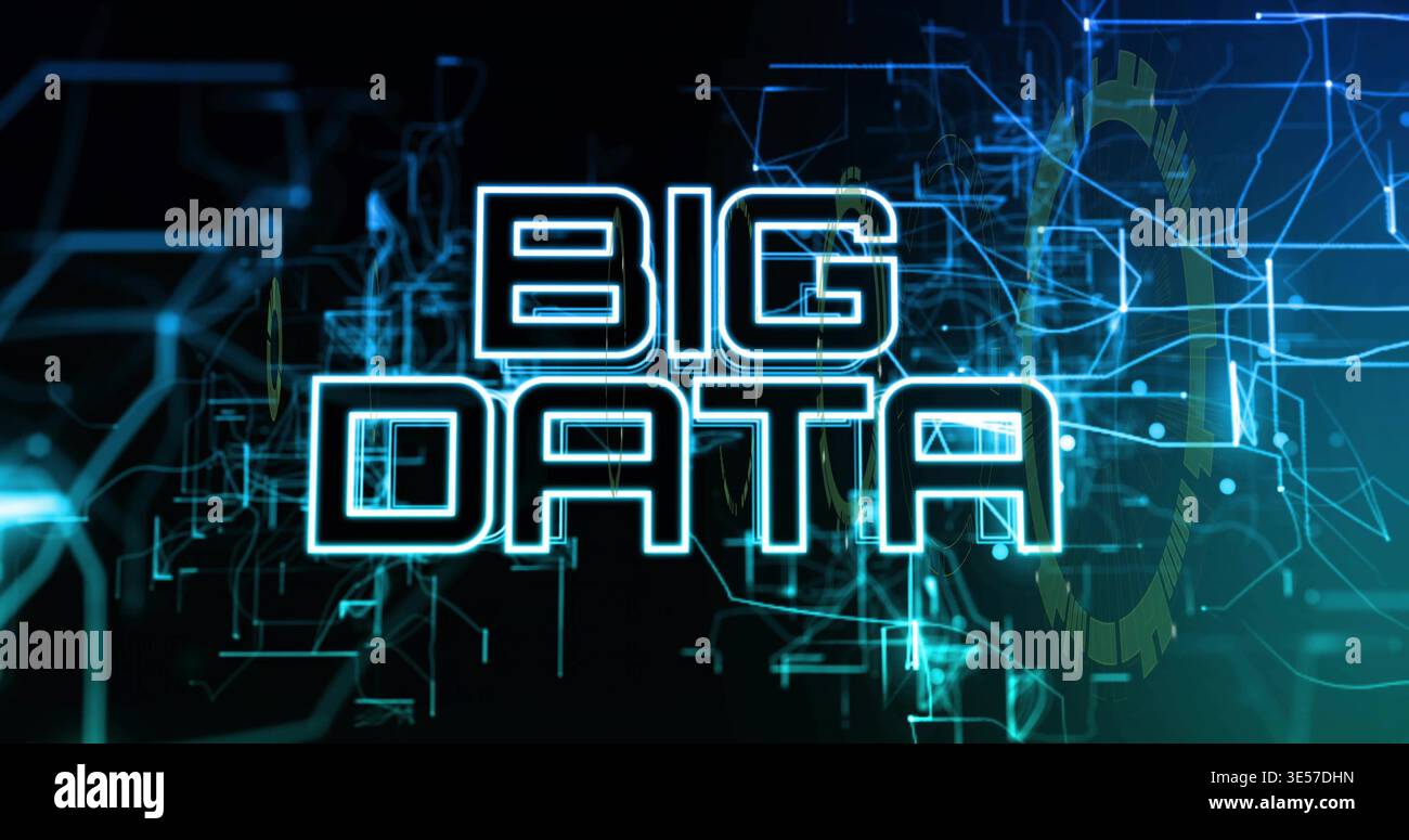 Displaying centered neon BIG DATA on holo interface showing circuits nodes grid gear particles Stock Photo