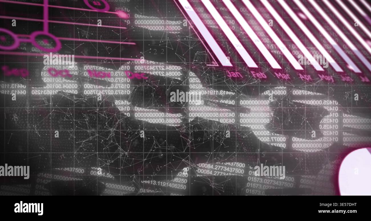 Displaying central data panel showing numeric streams, network graph, neon-pink bars at dashboard Stock Photo