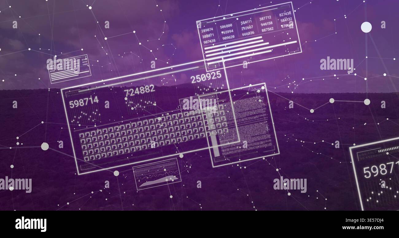 Displaying translucent panels floating over dark hill plain, with keyboard, data windows and nodes Stock Photo
