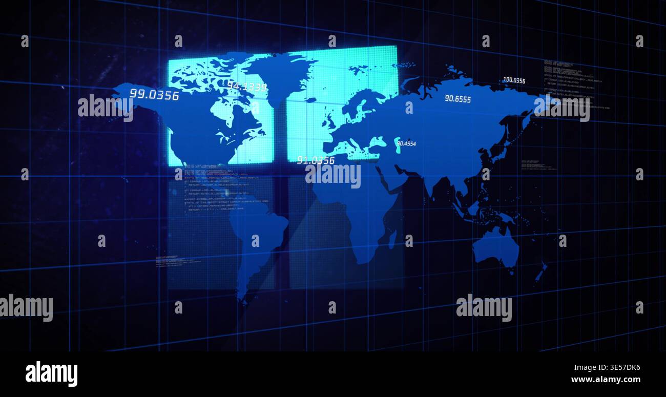 Displaying digital map on virtual display, showing bright backlight panel, grid, numeric labels Stock Photo