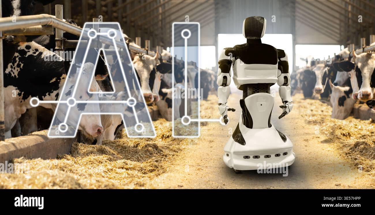 Using Artificial Intellingence for data analizing and herd management. Smart farming concept Stock Photo