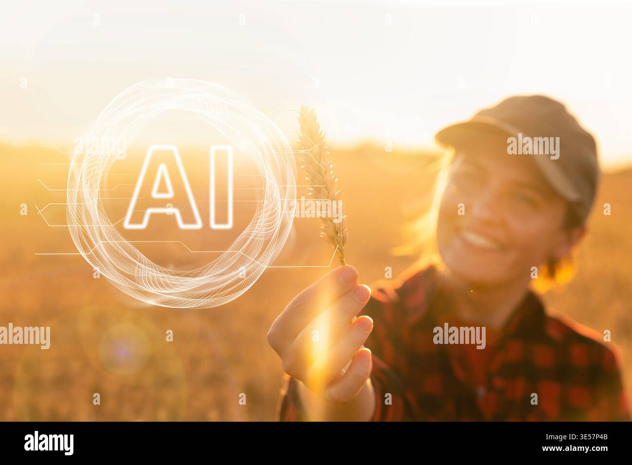 Farmer uses Artificial Intellingence for data analizing. Smart farming concept Stock Photo