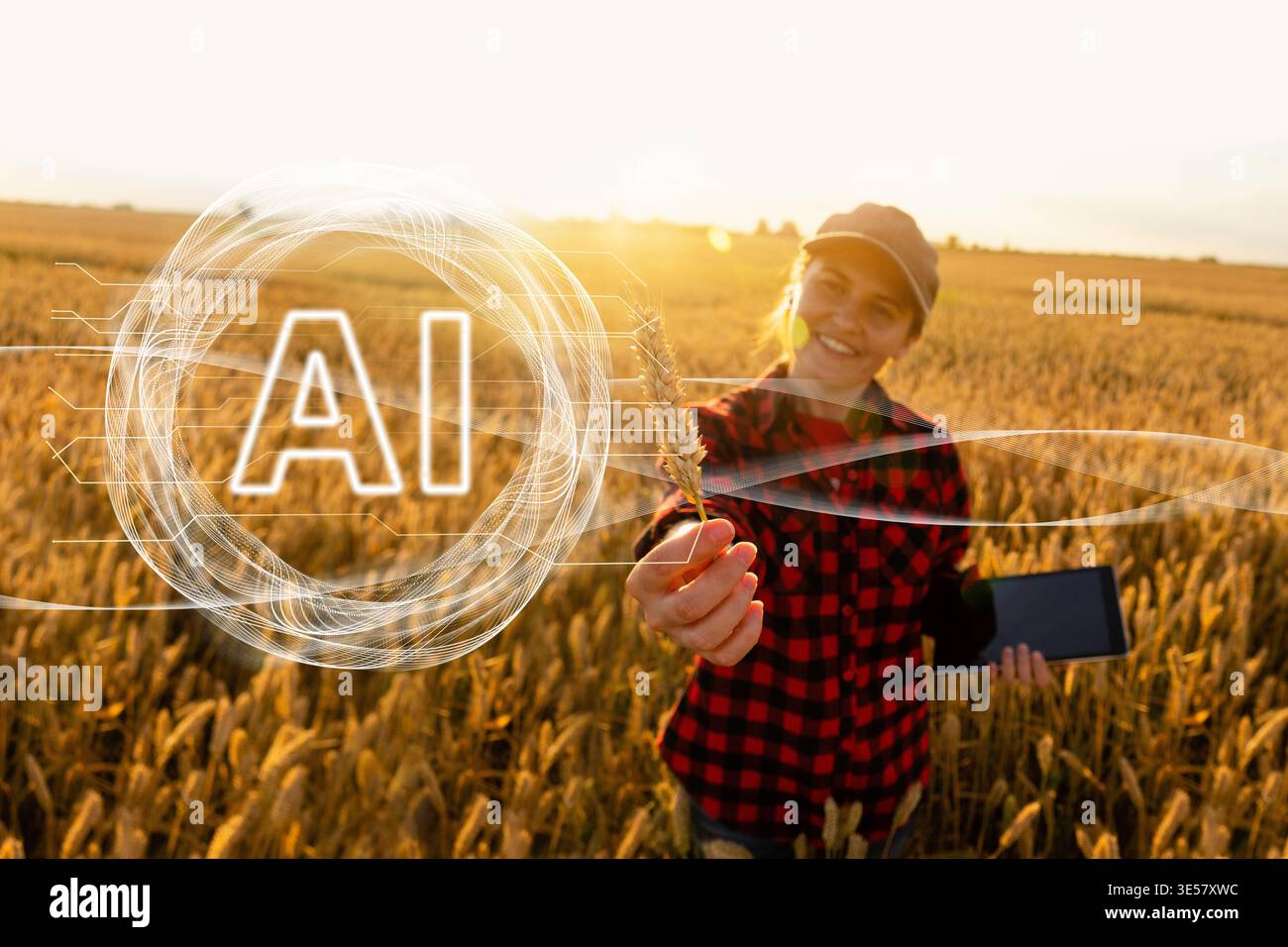 Farmer uses Artificial Intellingence for data analizing. Smart farming concept Stock Photo