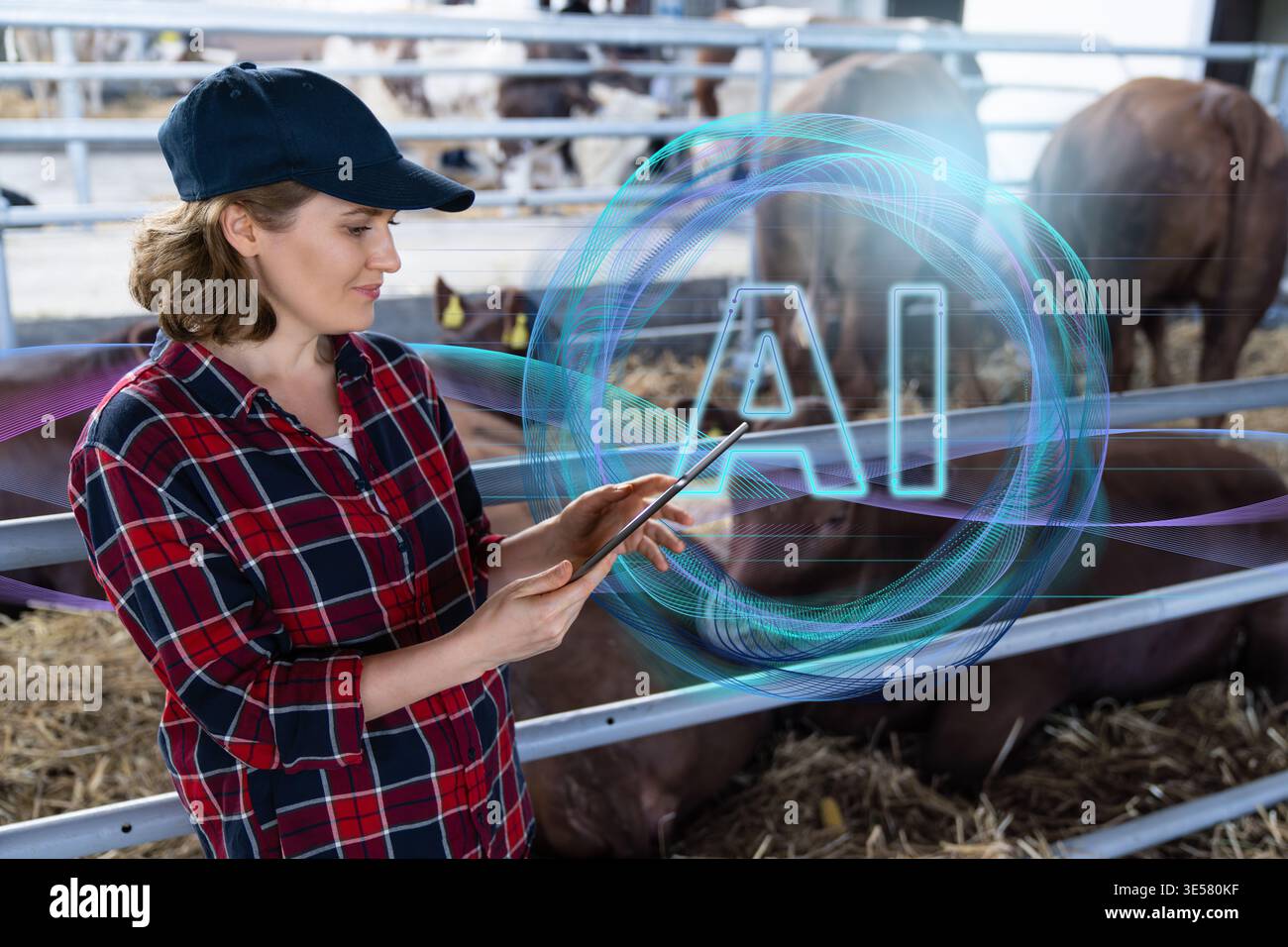 Using Artificial Intelligence for data analysing and herd management. Smart farming concept. Stock Photo
