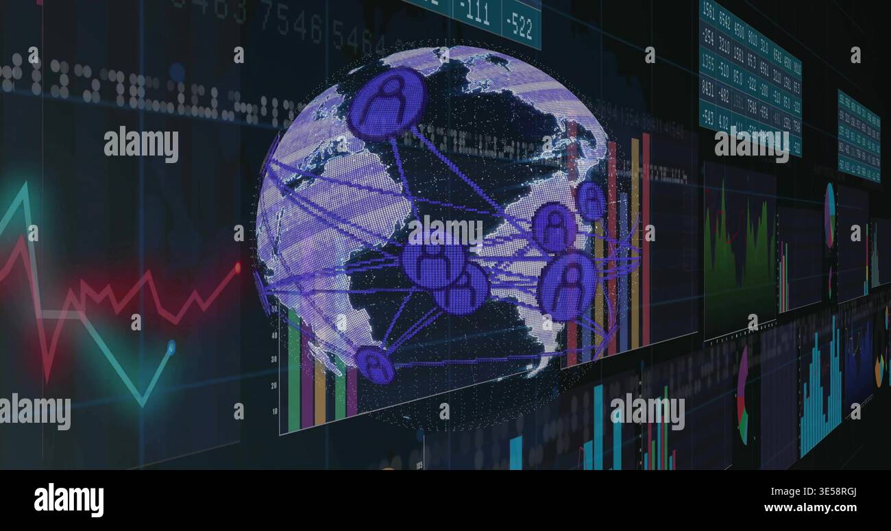 Displaying digital globe centered, showing linked node network across dark wide screen with charts Stock Photo