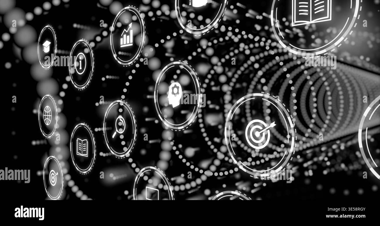 Data stream entering tunnel activating icon nodes, showing tech connectivity with dotted lines Stock Photo