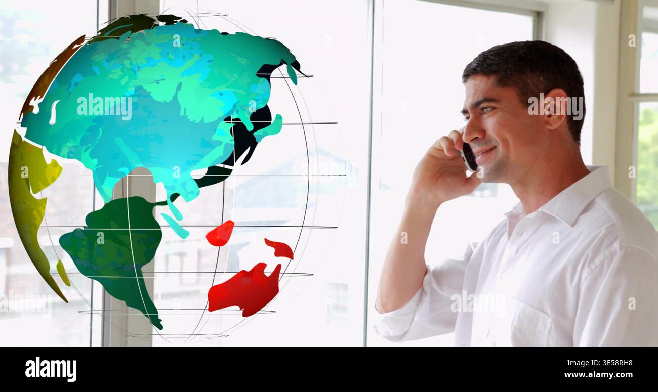 Talking man in white shirt holding smartphone at windows with globe and buildings, copy space Stock Photo