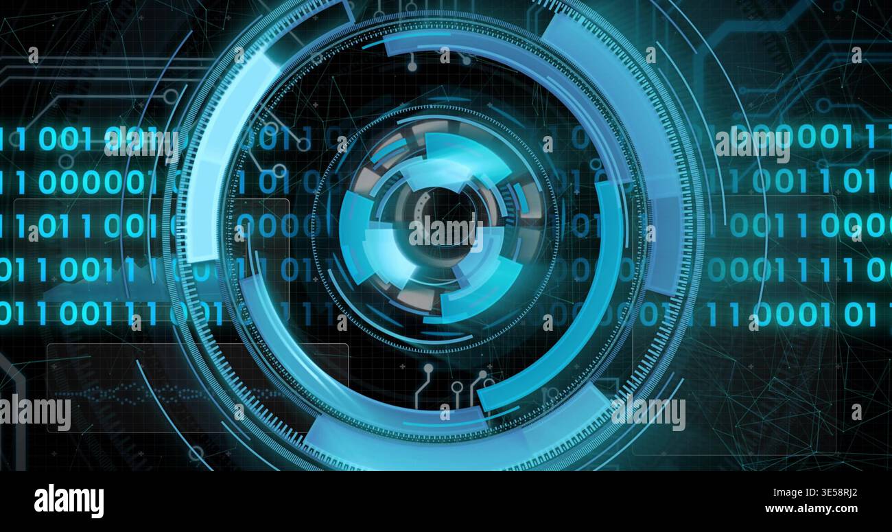 Central HUD receiving pulse, rotating rings and streaming binary, displaying tech status Stock Photo