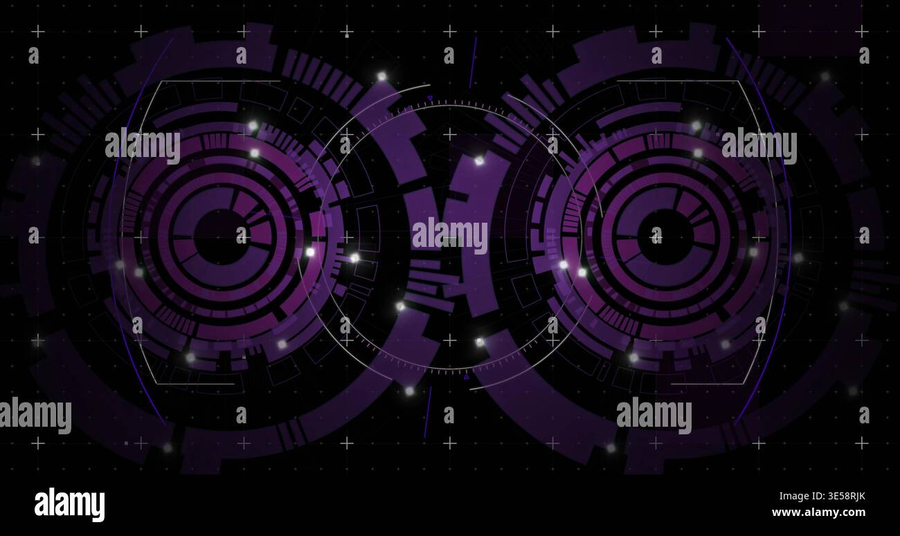 Displaying two concentric circular HUD interfaces on black starfield, showing hex frames and nodes Stock Photo