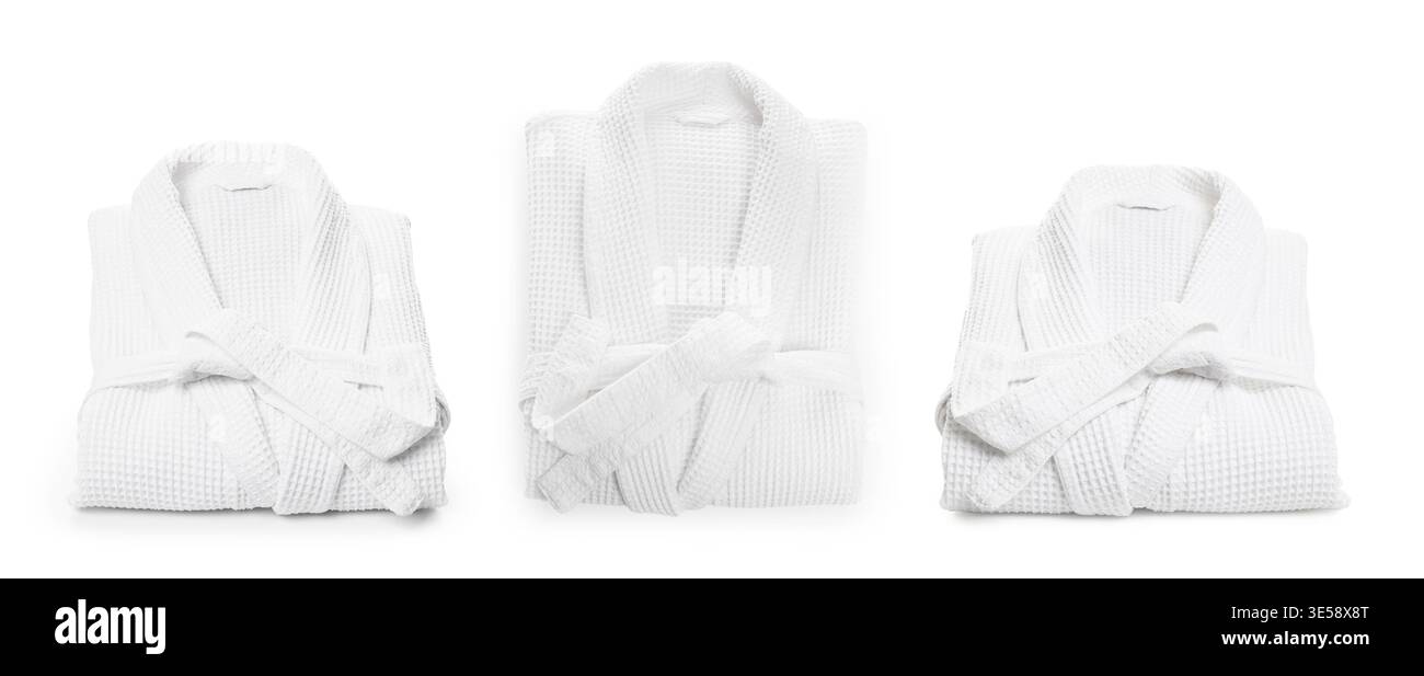 Clean folded bathrobe on white background, collage Stock Photo