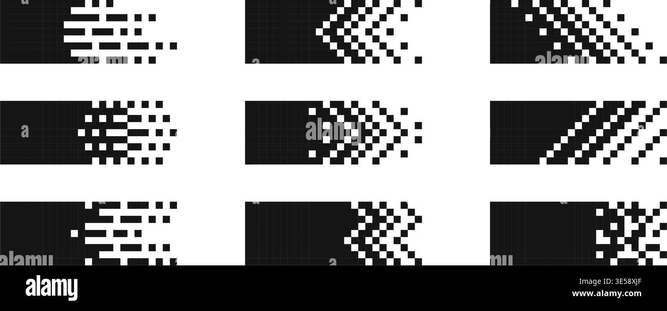 Pixel rectangle header. Pixel gradient title set. Horizontal stripe geometric mosaic banner. Abstract game digital pattern. Web title shape. Vector Stock Vector