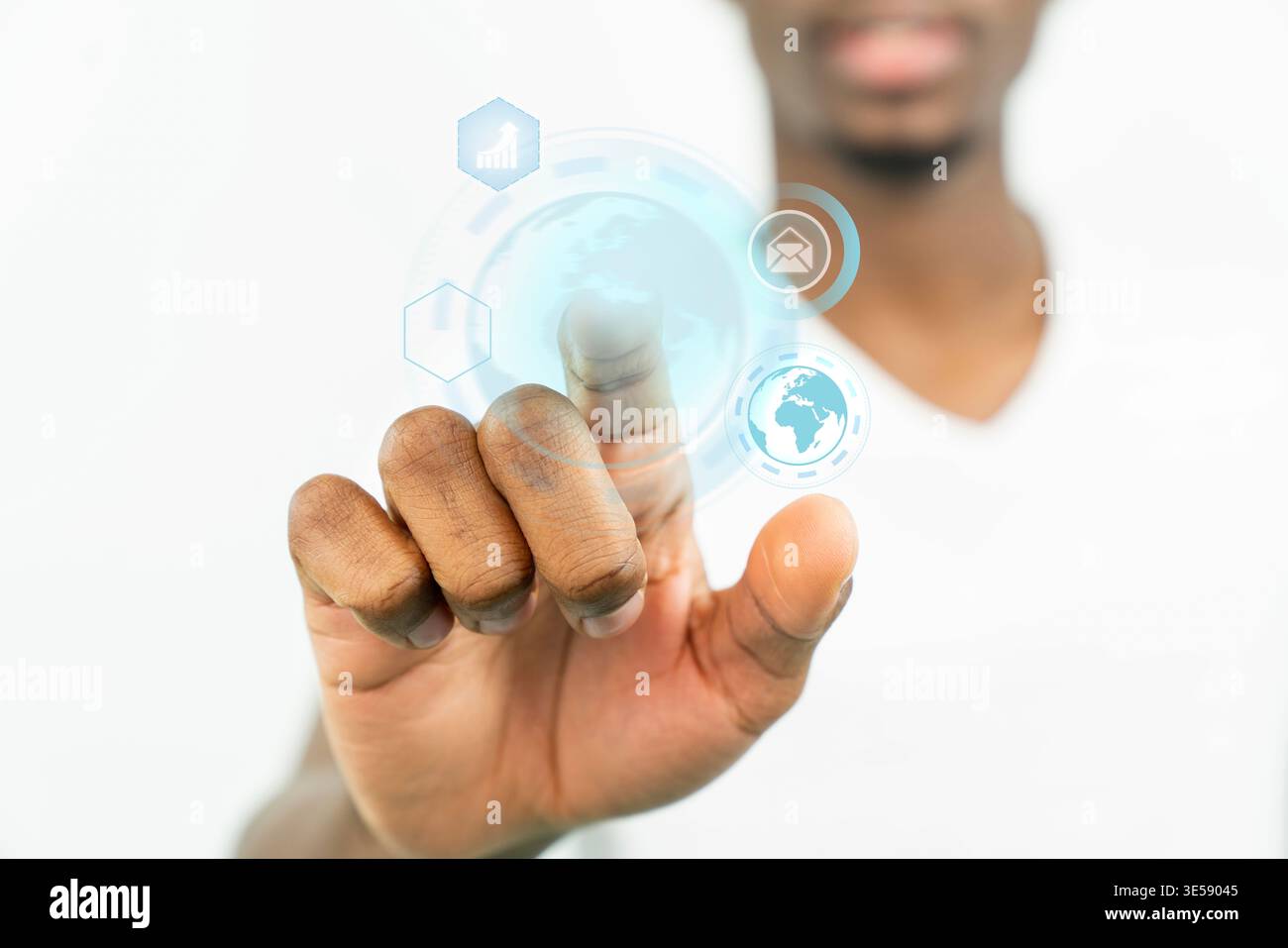 the hand of a man touching a virtual screen Stock Photo