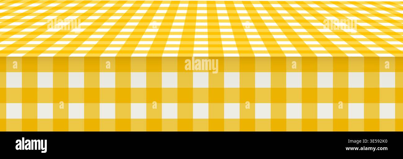 Picnic or kitchen table surface with checkered yellow and white gingham tablecloth. Perspective view. Italian cafe or restaurant interior element. Breakfast or dinner background. Vector illustration. Stock Vector