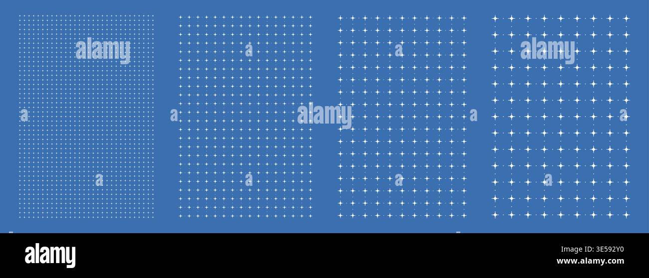 Blueprint grid set dot star geometry, four scale variations. Wide medium dense micro spacing comparison, engineering layouts dashboards notebook pages interface planning systems technology graphics. Stock Vector