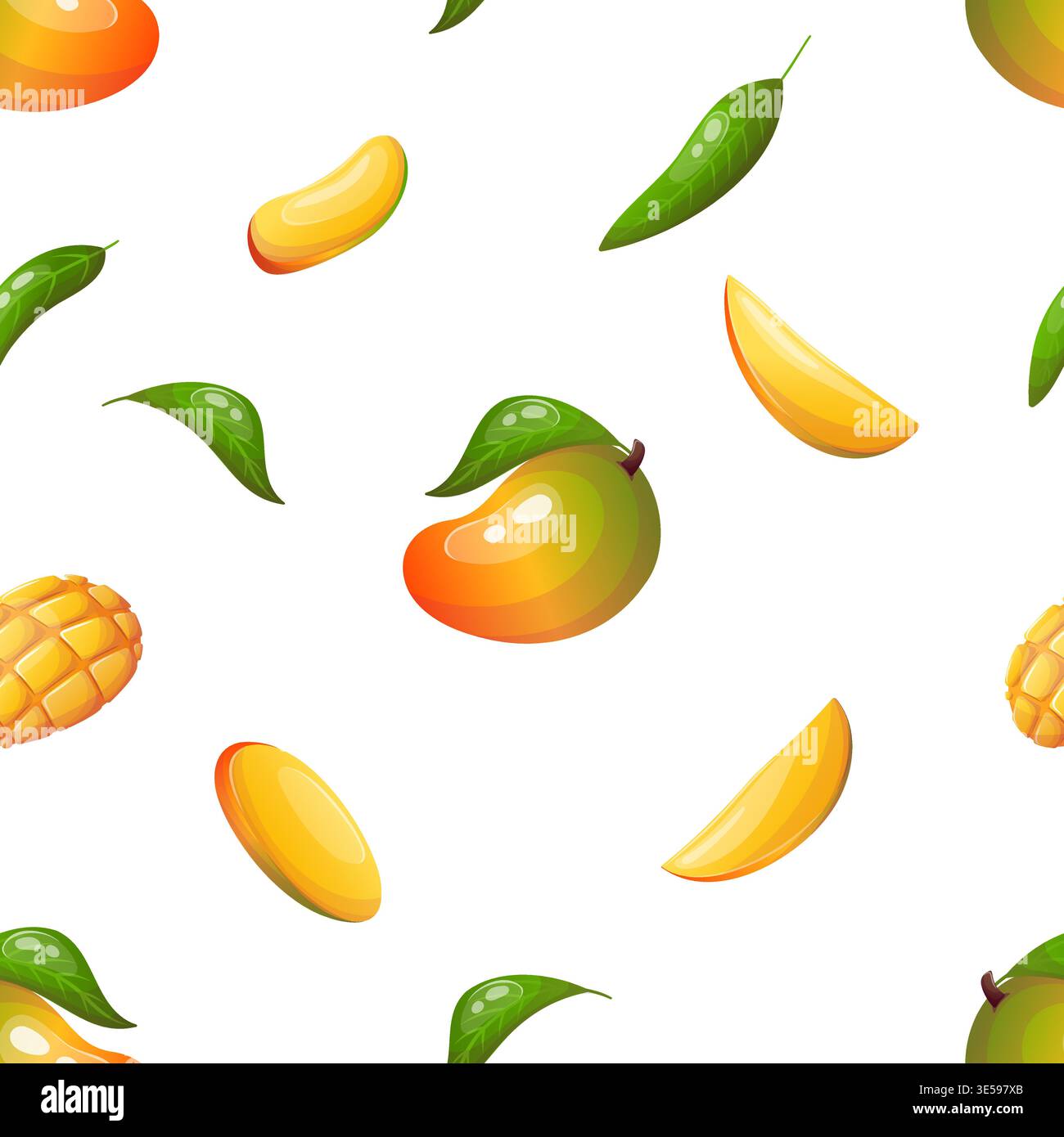 Vector seamless pattern featuring a whole mango and slices Stock Vector