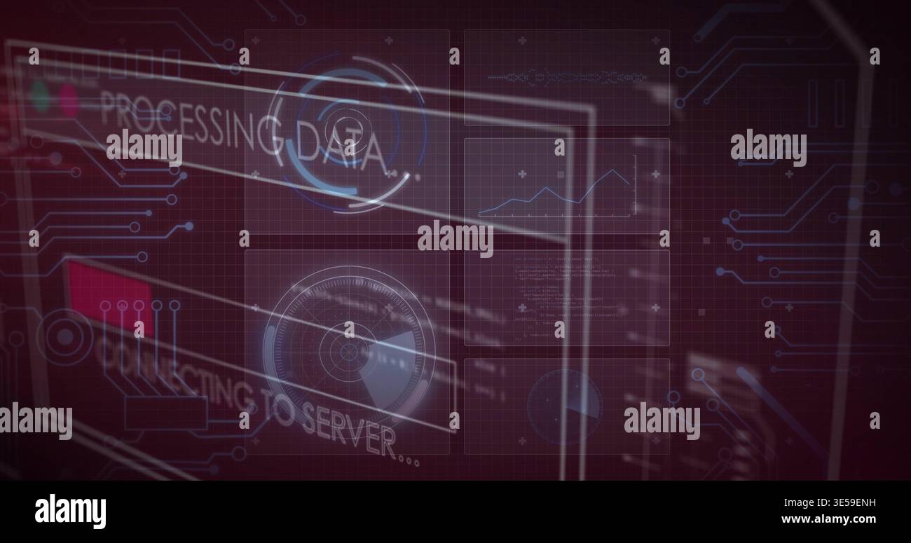 Displaying translucent HUD panel showing four data tiles on virtual network dashboard, with radar Stock Photo