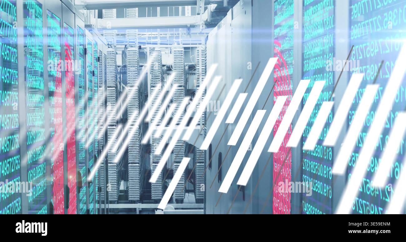 Showing central aisle running through datacenter with server racks, cables, glass streaming code Stock Photo