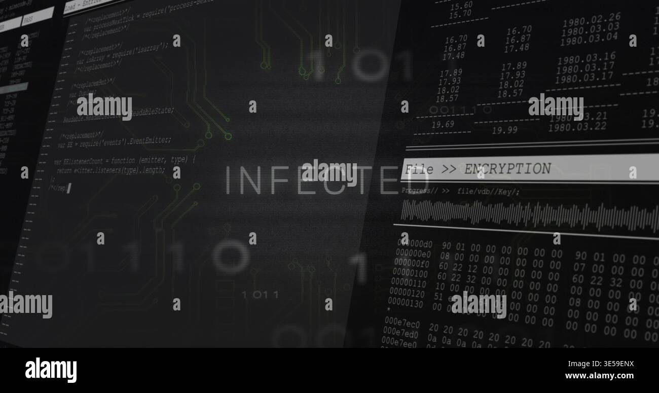 Displaying central INFECTED label and adjacent encryption panel on computer display, with hex dump Stock Photo