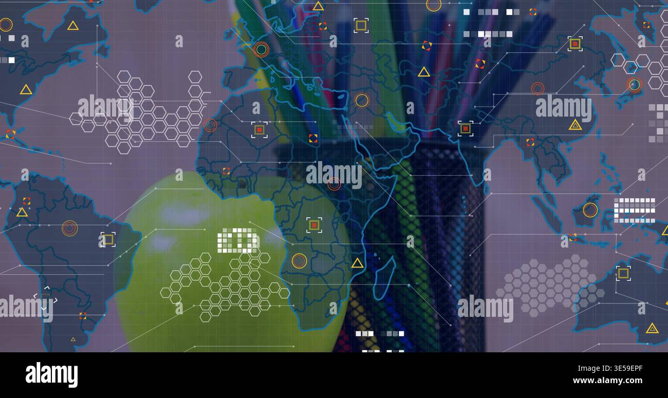 Displaying stylized world map at map center, showing grid, hex clusters, node markers, green blob Stock Photo