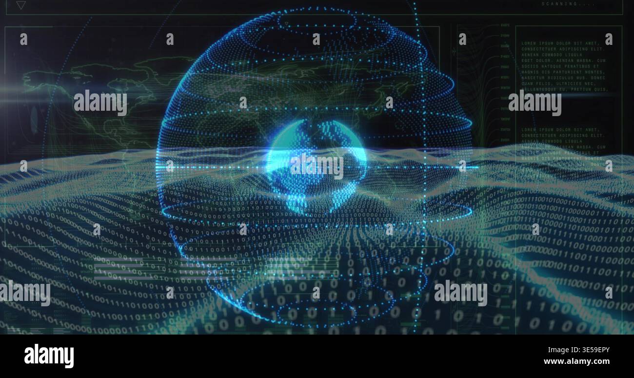 Displaying holographic globe rotating in virtual data dashboard, with binary matrix and HUD panels Stock Photo