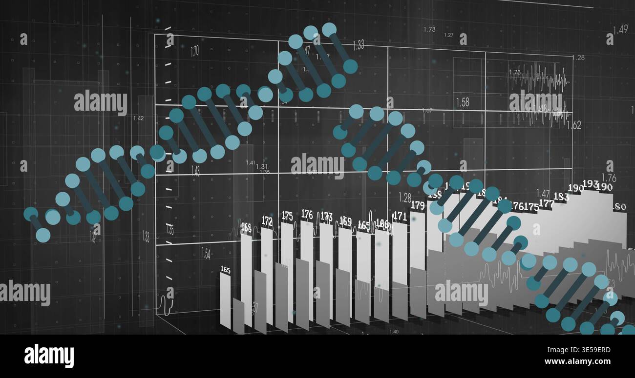 Displaying stylized DNA helix sweeping across digital analytics dashboard, with 3D bar chart Stock Photo