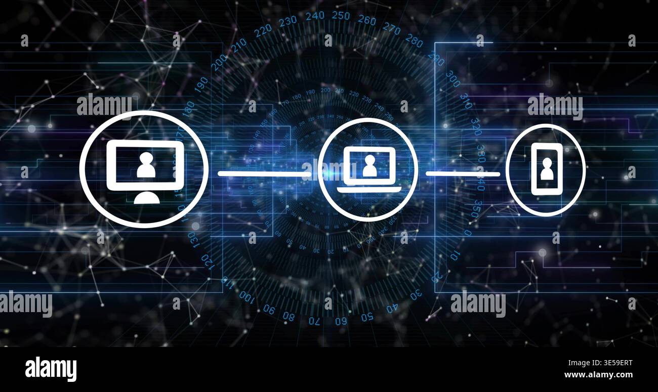 Connecting desktop, laptop, smartphone icons exchanging data in digital ...