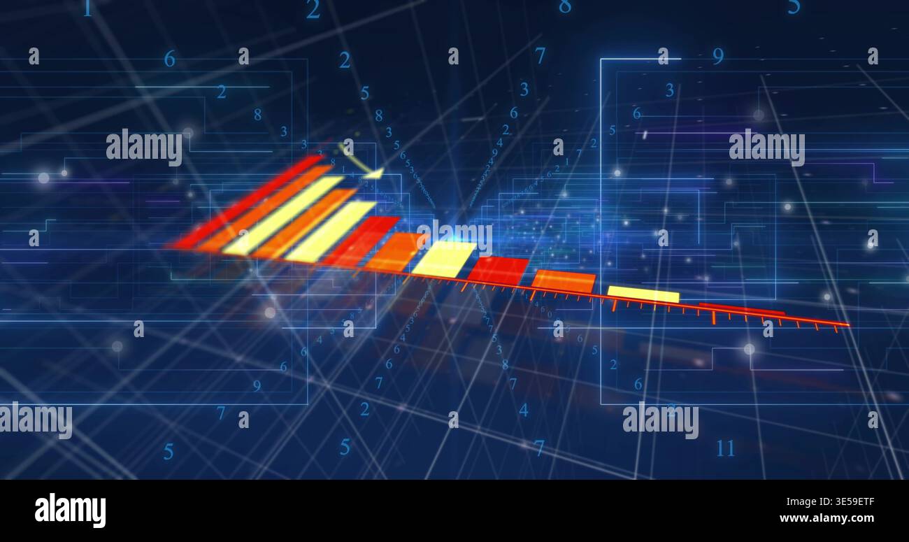 Displaying slanted 3D bar chart descending along diagonal at virtual analytics dashboard, with axis Stock Photo
