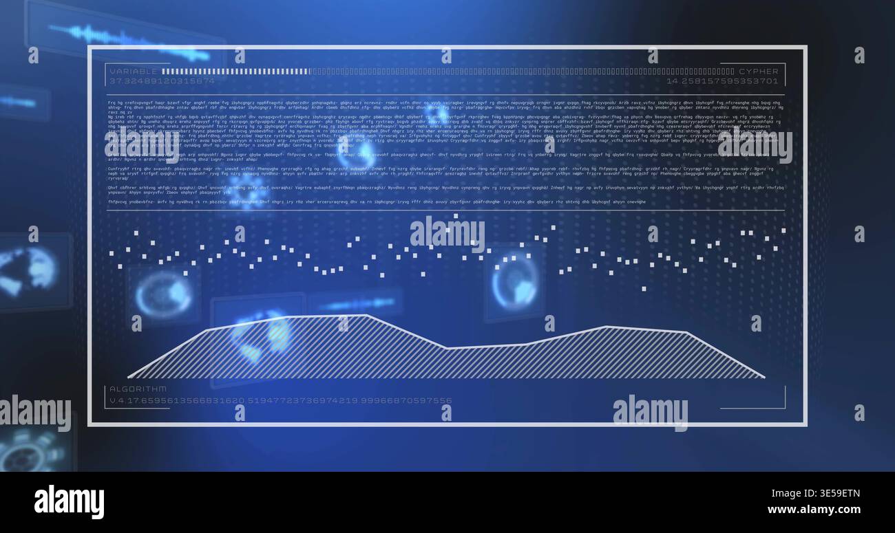 Showing holographic panel floating over blue gradient, featuring dotted matrix, waveform and icons Stock Photo