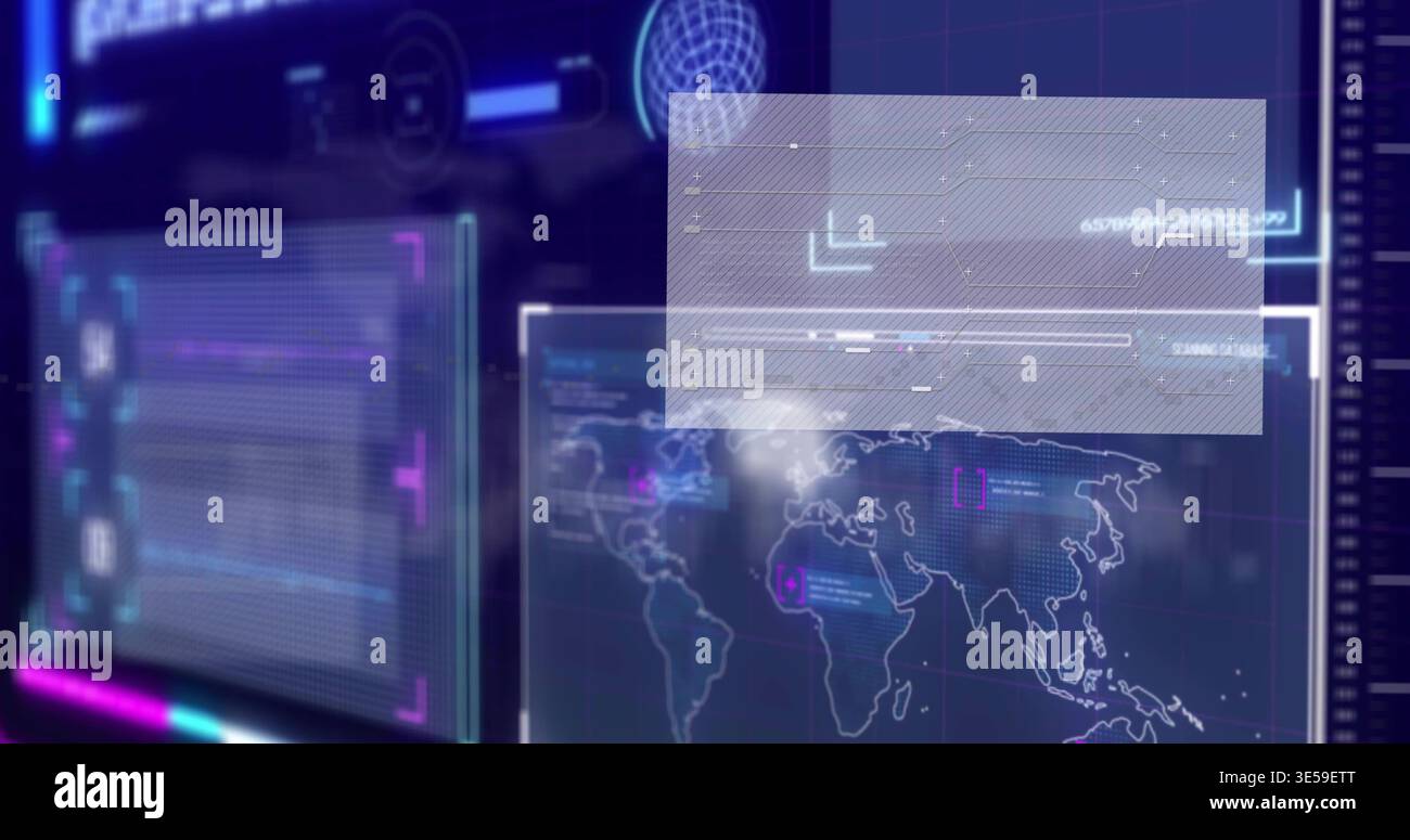 Projecting translucent panels displaying world map, HUD with progress and waveform at control room Stock Photo