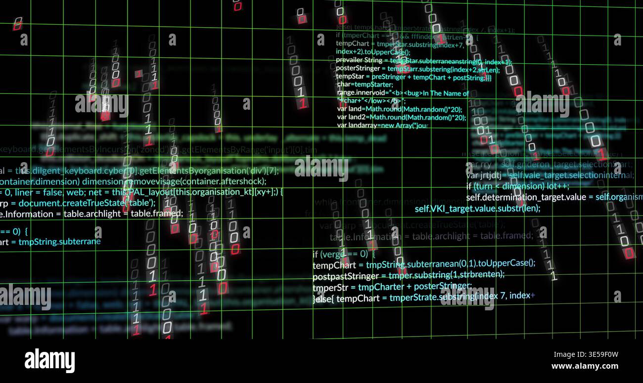 Displaying central code and binary cluster flowing over green grid, with UI glyphs and waves Stock Photo
