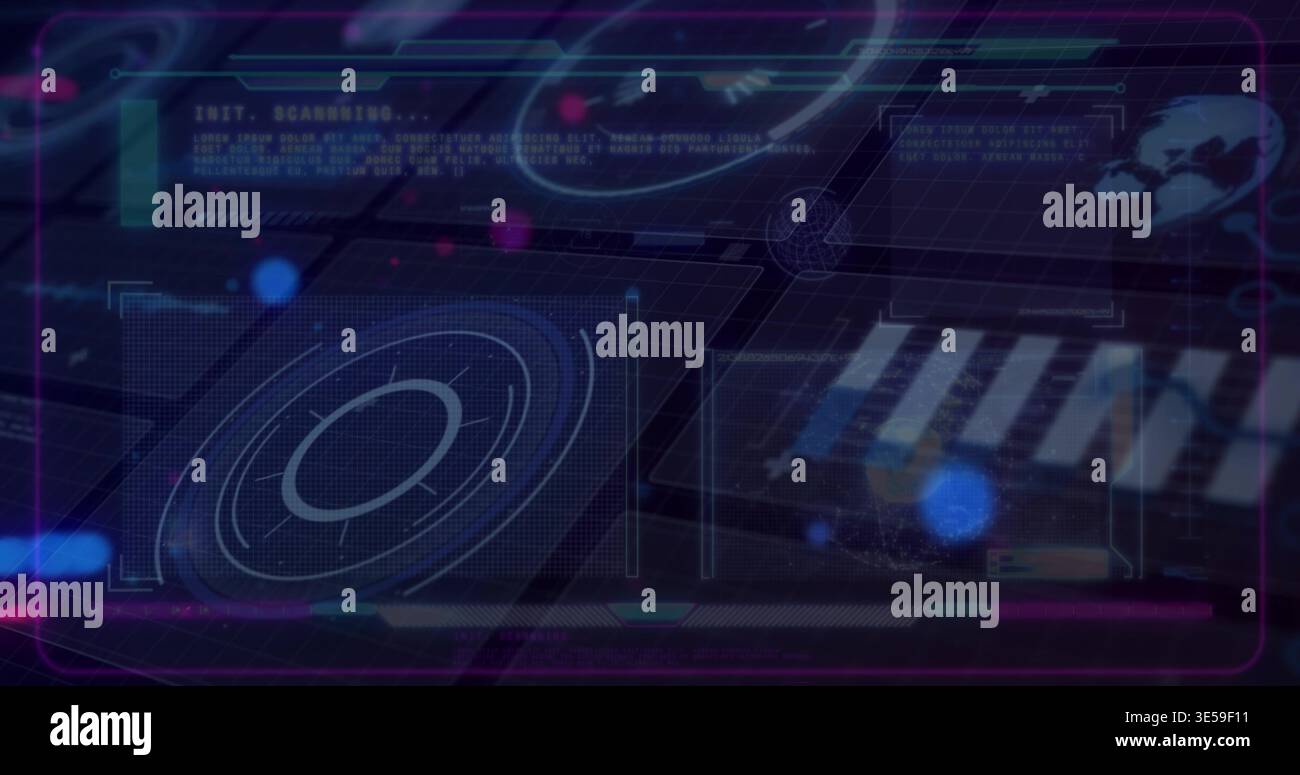 Displaying concentric radar scan panel pulsing on digital HUD with translucent panels, globe icon Stock Photo